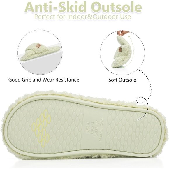 ⚡Women’s Light Green Faux Fur Cozy Fuzzy Cross Band Slippers House Shoes - Picture 5 of 6